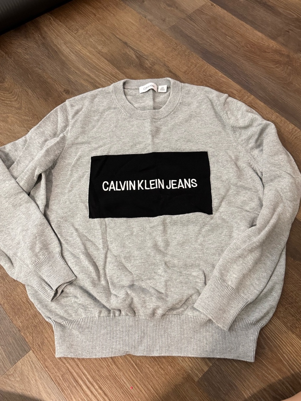 Calvin Klein Jeans - Men’s Grey Crewneck Sweater with Black Logo Panel - Size M